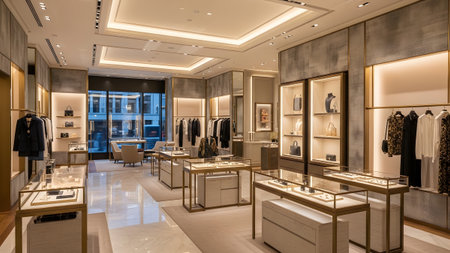 A stylish and contemporary fashion boutique interior showcasing designer clothing on racks and accessories within illuminated display cases. The store features a sophisticated color palette modern furniture and polished marble flooring. Natural light complements the ambient lighting creating an inviting and upscale shopping experience for fashion-conscious customers.