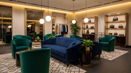 A stylish and comfortable lounge area within a high-end boutique featuring plush velvet sofas in deep green and blue tones. The surrounding shelves are elegantly stocked with luxury handbags and accessories.