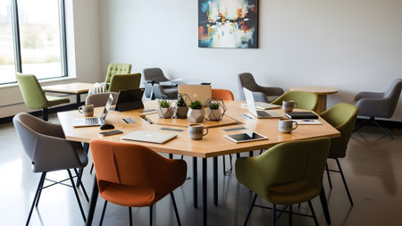 A modern colorful meeting room featuring a central hexagonal wooden table surrounded by vibrant green and orange ergonomic chairs. The room is bright and welcoming perfect for creative brainstorming sessions.