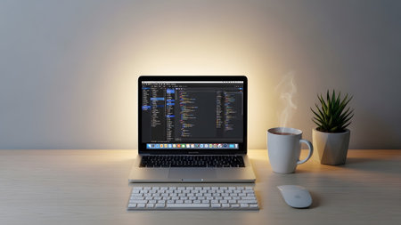 Close-up of laptop displaying programming code. Desk setup includes keyboard, mouse, coffee, and plant. Remote work or study environment.