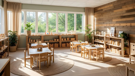Bright and airy preschool or kindergarten classroom, wooden tables and chairs, large windows, natural decor. Early education, play-based learning space.