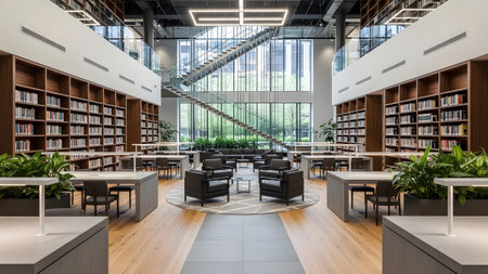 Spacious library with tall bookshelves, comfortable seating areas, and large windows. Modern design with natural light flooding the space.