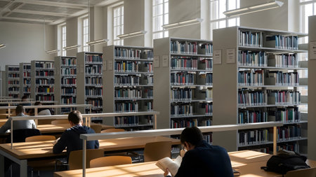 People reading at desks in library. Bookshelves filled with books. Natural light streams in windows. Academic research and learning.