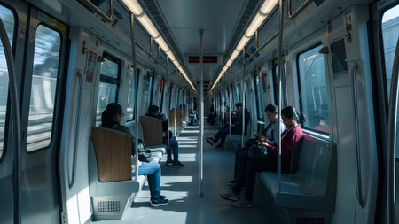 A candid photograph taken inside a modern subway train capturing passengers seated and focused on their mobile devices. The cool blue tones and perspective lines of the train interior convey a sense of urban daily commute and modern technology.