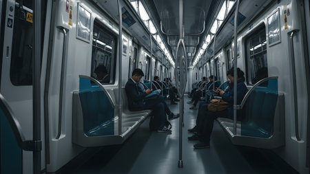A perspective shot looking down the aisle of a subway train at night with scattered passengers sitting on blue seats. The environment is dim moody and captures the solitude of late-night urban commuting.