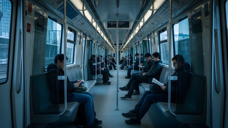 A wide shot of a quiet train carriage with commuters sitting in rows focused on reading books or looking at devices. The lighting is cool and moody capturing a typical morning or evening commute in a modern city.