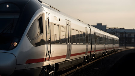 A striking photograph of a modern high-speed train illuminated by the warm golden light of sunset. The train primarily white with red and black accents curves gently along the tracks. The low angle of the sun casts long shadows and highlights the train's sleek aerodynamic design. The background transitions from the dark tracks to a softly lit distant horizon creating a dramatic and visually appealing scene. This image conveys a sense of speed elegance and the beauty of modern infrastructure against natural light.