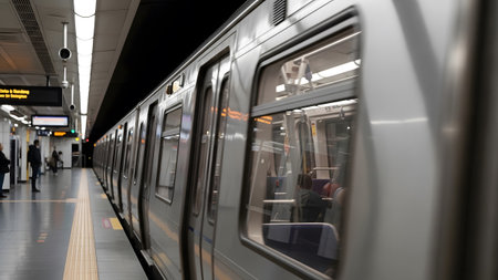 A detailed close-up photograph focusing on the side of a modern subway train carriage parked at a station. The image highlights the reflective metal surface the windows and the station environment emphasizing design and industrial detail.