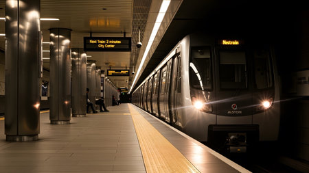 A professional photograph of a sleek subway train pulling into a modern well-lit station platform. The station features minimalist architecture digital signage and a clean environment reflecting contemporary urban infrastructure.