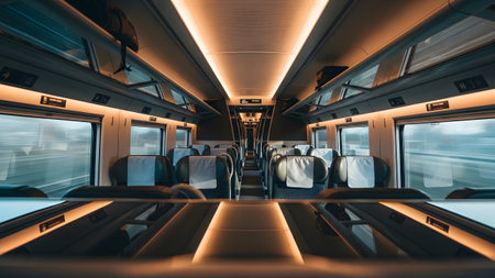 An immersive shot inside a sleek empty high-speed train capturing a sense of rapid movement through the pronounced motion blur visible outside the windows. The contemporary interior features comfortable grey seats illuminated by a futuristic lighting scheme that adds a dynamic glow. This image perfectly conveys the speed and efficiency of modern rail travel highlighting advanced transportation technology and the thrill of a fast journey.