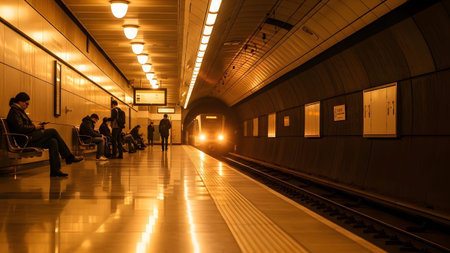 Commuters standing on a subway platform waiting for the train to arrive. The station is illuminated by warm intense lighting creating a dramatic atmosphere as the train enters the station with glowing lights.