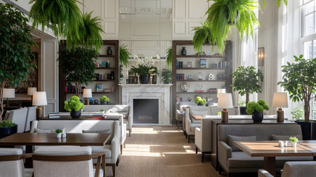 A bright and elegant hotel dining lounge featuring hanging ferns a grand marble fireplace and cozy seating arrangements. The warm inviting atmosphere is perfect for a high-end relaxing experience.