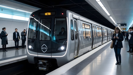 A group of commuters waiting on a clean modern subway platform for an arriving train capturing the daily rhythm of urban public transportation.