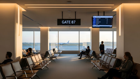 A comfortable airport gate area featuring warm ambient lighting and a large glass wall overlooking the airfield. Passengers are seen relaxing in waiting chairs as the sun sets over the airport tarmac.