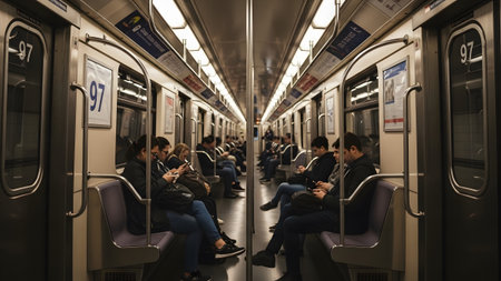 A candid interior photograph capturing a group of commuters sitting on a subway train all absorbed in their mobile phones. The image reflects modern urban connectivity and the quiet shared experience of daily public transportation.