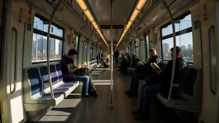 A serene photograph capturing commuters engrossed in reading physical books while riding a modern subway train. The soft sunlight filters through the windows highlighting a moment of quiet focus in the city.