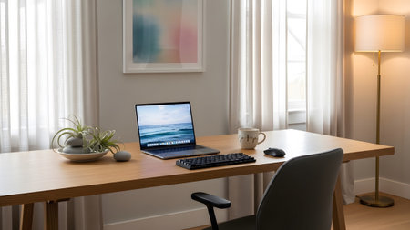 A peaceful home office setup featuring a wooden desk a sleek laptop a cup of coffee and soft window curtains. The warm sunlight creates a productive and inviting atmosphere for working from home.