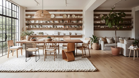 A spacious and airy dining room featuring a large natural wooden table stylish woven rattan chairs elegant hanging bamboo lights and open shelving filled with artisanal ceramic pottery.