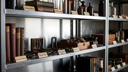 A close-up of industrial metal shelving containing a collection of antique books vintage tools and bottled curiosities. Each item is labeled creating an atmosphere of a historical archive workshop or scholarly research collection.