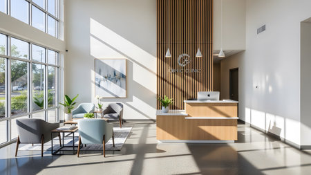 A grand and spacious clinic lobby featuring a dramatic high ceiling and a striking wooden slat feature wall. The reception area is sleek and modern bathed in natural sunlight providing an upscale and professional environment for a medical facility.