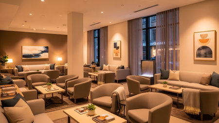 An elegant hotel lounge featuring plush seating warm mood lighting and modern abstract art on the walls. The refined interior design provides a sophisticated and comfortable atmosphere for guests to wait or socialize.