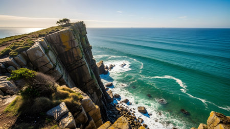 A breathtaking natural landscape featuring a sheer rugged cliff face plunging dramatically towards the vibrant turquoise ocean below. Gentle waves crash against the rocky shoreline creating white foam and sea spray. The sun glints off the water's surface casting a warm glow on the scene while a clear blue sky stretches across the horizon. Lush green vegetation clings to the clifftop adding a touch of life to the imposing geological formation. This image captures the raw power and serene beauty of coastal nature.