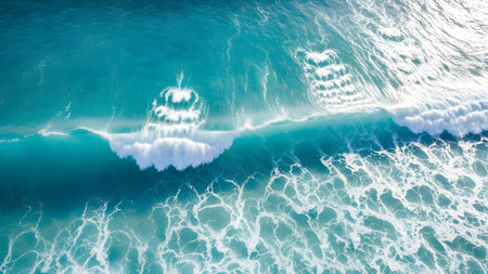 An overhead aerial shot showcasing the stunning clarity and vivid turquoise color of ocean water. The sunlight reflects off the surface creating a shimmering effect. Visible beneath the surface are subtle patterns and textures formed by the movement of the water and possibly the seabed. This image highlights the pure inviting beauty of tropical seas and is ideal for vacation relaxation and nature-related content.