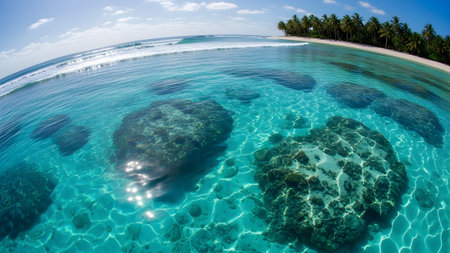 A vibrant wide-angle fisheye photograph showcasing the crystal clear turquoise waters of a tropical island. The frame captures the intricate details of coral reef formations beneath the surface alongside the white sand beach and lush palm trees.