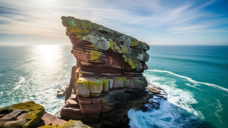 A stunning photograph of a dramatic sea stack cliff rising from the turquoise waters. The rock face is textured with layers and patches of moss standing as a testament to the power of coastal erosion.