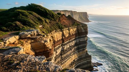 A sun-drenched view of a rugged cliff edge covered in vibrant green grass overlooking the vast expanse of the ocean. The layered rock face is illuminated by warm golden light emphasizing its textures and colors including bands of yellow and reddish-brown. Gentle waves create a soft white line along the base of the cliff where it meets the sea. A winding path is visible along the clifftop suggesting exploration.