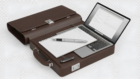 Open brown leather briefcase displaying laptop, notebook, pen, and phone, symbolizing modern business and productivity.