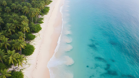 An aerial shot capturing the contrast between the vibrant green palm trees and the soft white sand of a coastal beach. The calm shallow turquoise water gently washes over the shore creating a perfect serene tropical scene.