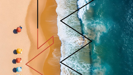 A modern and artistic composite image featuring an aerial view of a beach with colorful umbrellas overlaid with sharp stylized geometric black lines. The juxtaposition of natural elements and sharp graphic design creates a unique visual composition.