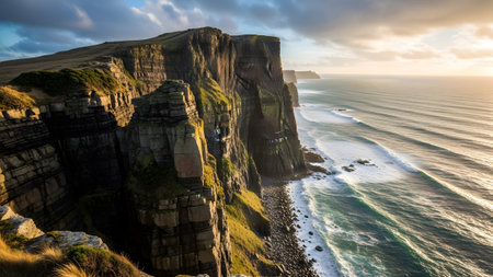 This high-quality photograph showcases the raw power of nature where massive cliffs meet the relentless ocean. The golden sunset light adds a layer of warmth and wonder to the rugged coastal terrain.