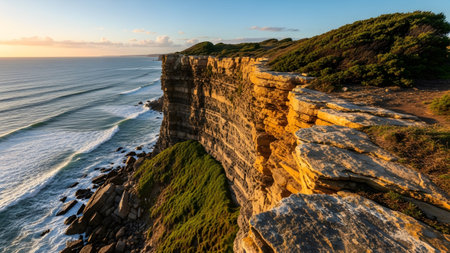 A breathtaking high-angle view of massive layered sedimentary rock cliffs meeting the ocean at sunset. The golden light highlights the unique geological textures of the cliff face while soft waves roll into the shore below creating a serene and majestic coastal scene.