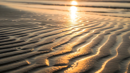 A beautiful photograph focused on the interaction between sunset light and wet rippled sand. The reflection of the sun creates a warm golden path across the textured surface of the beach.