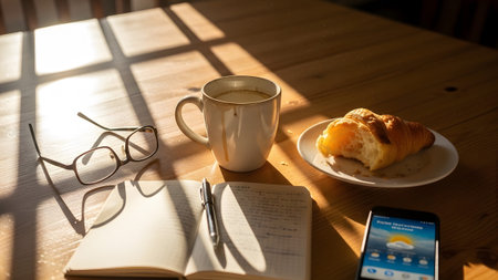 A high-quality photograph of a warm morning setup including a cup of coffee a fresh croissant on a plate an open notebook with a pen and glasses. A smartphone lies nearby all under beautiful sunlight and window shadows.
