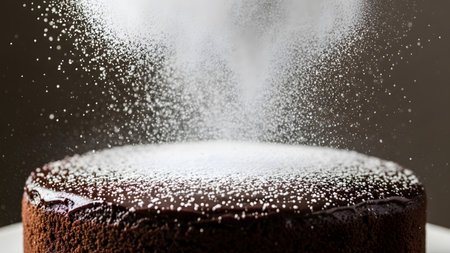 A high-speed photography shot of fine white powdered sugar raining down over a decadent chocolate cake. The dark moody background highlights the texture of the chocolate frosting and the delicate dust of the sugar mid-air.