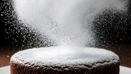 A high-quality food photograph featuring a rich chocolate cake on a minimalist white plate. The image captures the dynamic action of powdered sugar falling in a beautiful textured cloud over the dark surface of the cake.