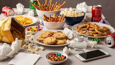 A high-angle candid shot of a chaotic desk surface littered with junk food including potato chips pretzels popcorn cookies and soda cans. A smartphone lies among the clutter symbolizing a sedentary lifestyle and mindless snacking.