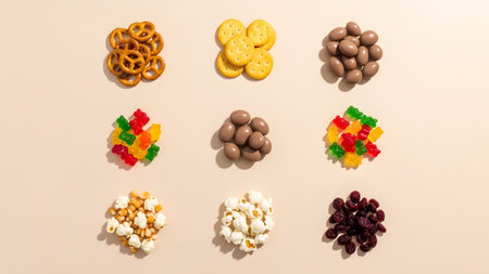 A high-angle shot displays a meticulously arranged grid of nine small piles of various snacks on a neutral beige background. Each pile features a distinct treat: crunchy pretzels round crackers chocolate-covered almonds colorful gummy bears chocolate-covered raisins and fluffy popcorn. The lighting creates subtle shadows highlighting the textures and shapes of each snack making it an ideal visual for food blogs snack variety packs or confectionery advertising.