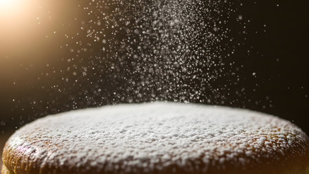 A beautifully lit image of a round baked pastry being dusted with powdered sugar with sparkling sugar particles captured in a golden light environment.