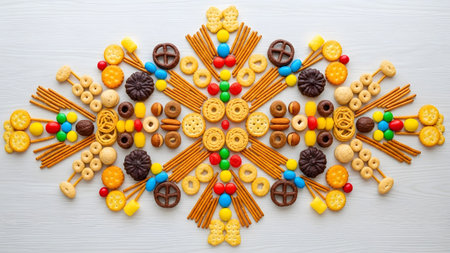 A top-down artistic food arrangement featuring a symmetrical pattern of crackers pretzels chocolate cookies and colorful candies on a white wooden surface. This creative food art displays a festive snack spread.