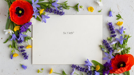 Floral arrangement with red poppies, bluebells, and lavender surrounding a blank card. Perfect for invitations, greeting cards, and spring themes.