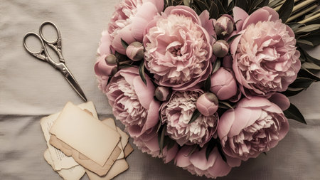 Lush pink peony flowers with vintage scissors and old paper. Crafting, writing, nostalgic, delicate botanical arrangement.