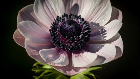 Close-up of a beautiful pale pink anemone flower with water droplets. Dark moody background enhances delicate petals.