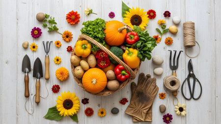 Wicker basket filled with diverse garden produce. Autumn vegetables, colorful flowers, gardening tools, rustic wood background.