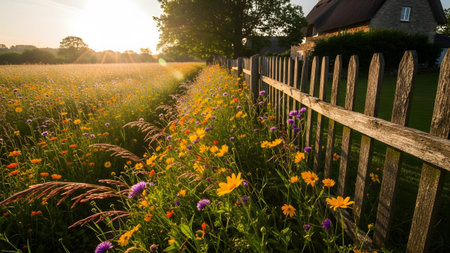 Vibrant wildflowers and grasses along rustic wooden fence. Golden hour sunlight illuminates scene. Countryside charm and beauty.