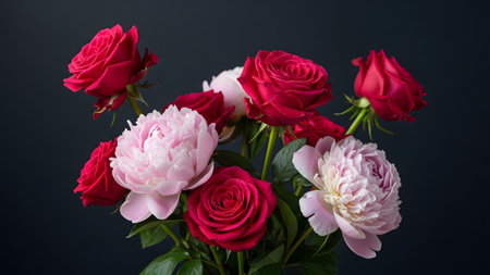 A stunning bouquet featuring lush pink peonies and deep red roses, artfully arranged against a contrasting dark backdrop, showcasing natural beauty.
