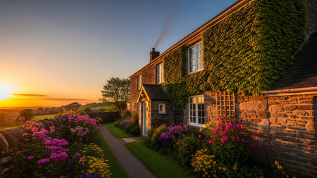 Charming stone house covered in ivy, blooming flowers line pathway, smoke from chimney, idyllic sunset glow on rolling hills.